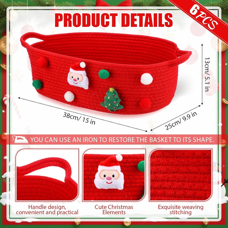 FoldTier 6 Pack Christmas Gift Basket Empty 15 x 9.9 x 5.1 Inch Santa Red Christmas Storage Bin with Handles, Woven Cotton Rope Basket for Gifts Holiday Treats Party Supplies, Home Xmas Decorations - Image 2